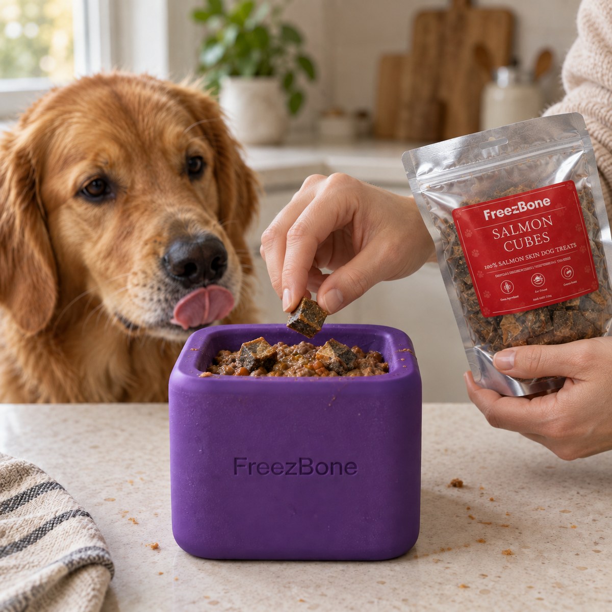 Filling a Salmon Skin Cubes with a soft treat