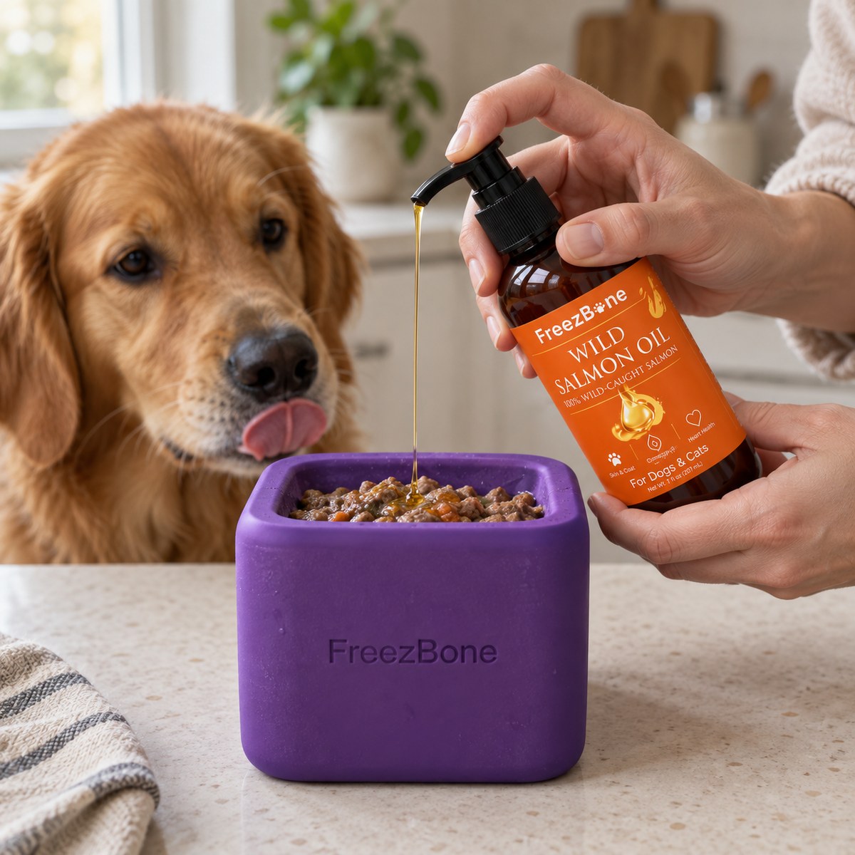 Filling a Wild Salmon Oil For Dogs & Cats with a soft treat