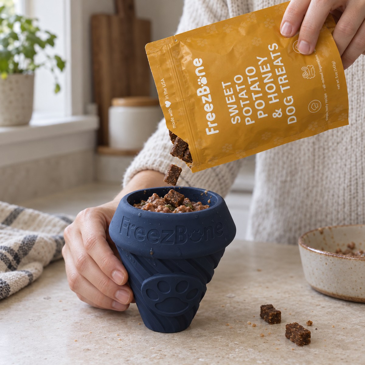 Filling a Sweet Potato & Honey Dog Treats with a soft treat